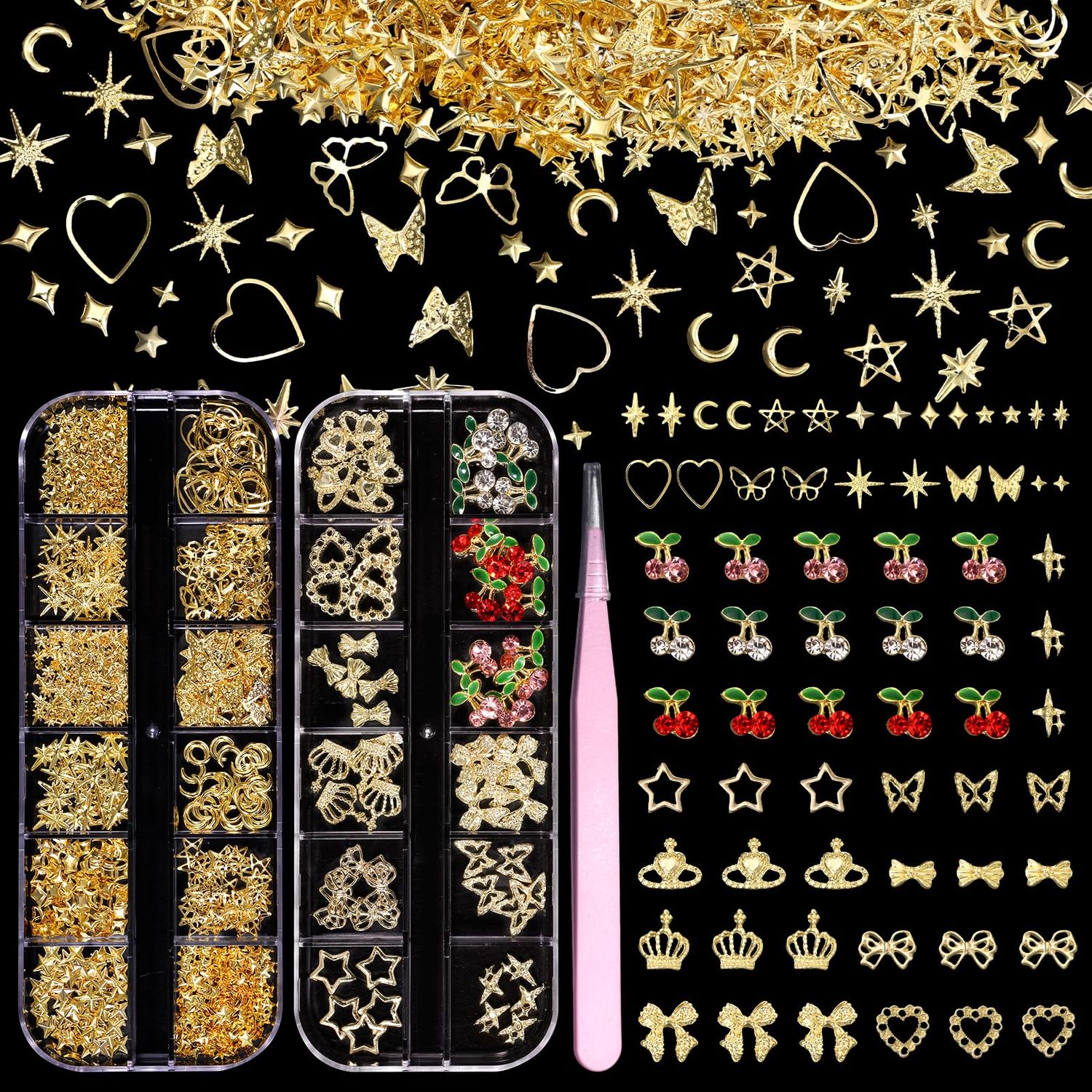 2 Boxes 300 Pcs Gold Nail Charms, Cherry Nail Charms, Bows Star Heart Crosses Butterfly Crown Nail Gold Charms, Multi Shapes Golden Nail Art Studs, Y2K Gold Charms for Nail DIY