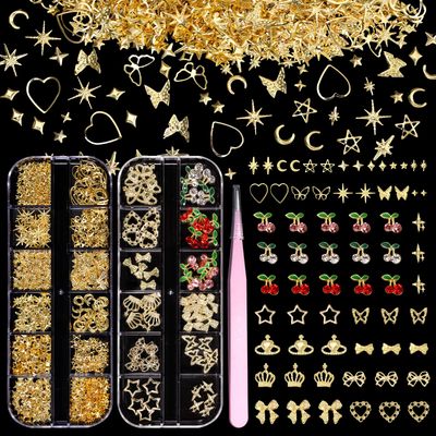 2 Boxes 300 Pcs Gold Nail Charms, Cherry Nail Charms, Bows Star Heart Crosses Butterfly Crown Nail Gold Charms, Multi Shapes Golden Nail Art Studs, Y2K Gold Charms for Nail DIY