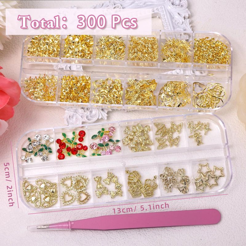2 Boxes 300 Pcs Gold Nail Charms, Cherry Nail Charms, Bows Star Heart Crosses Butterfly Crown Nail Gold Charms, Multi Shapes Golden Nail Art Studs, Y2K Gold Charms for Nail DIY
