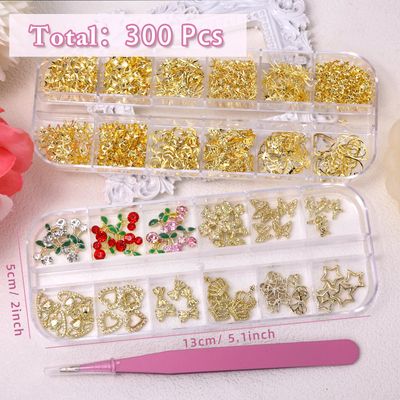 2 Boxes 300 Pcs Gold Nail Charms, Cherry Nail Charms, Bows Star Heart Crosses Butterfly Crown Nail Gold Charms, Multi Shapes Golden Nail Art Studs, Y2K Gold Charms for Nail DIY