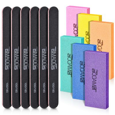 TsMADDTs Nail Files and Buffers Set with 6PCS Rectangular Buffers and 6PCS Black 100 180 Grit Files, Professional Nail Care Tools Kit for Women and Girls