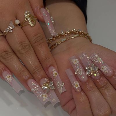 BABALAL Square Press-on Nails - Long, Pink Glue-on with 3D Butterfly Flower Charms - Acrylic Squoval Glitter Manicure - 24pcs Artificial False Nails for Women &amp; Girls