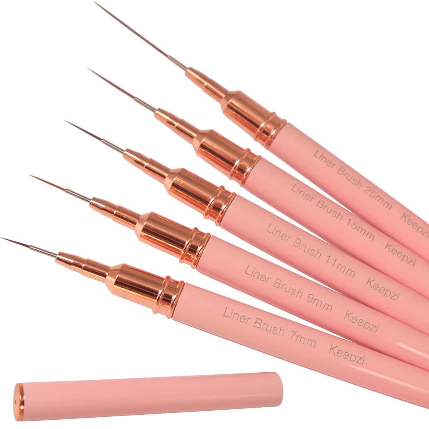 Keepzi Professional Detail Nail Art Paint Liner Brush Set, 5Pcs Small Polish Design Tech Nail Tip Fine Line Striping Brushes, 25/15/11/9/7Mm Skinny Long Bristle Nails Drawing Pincel Para Uas, Pink