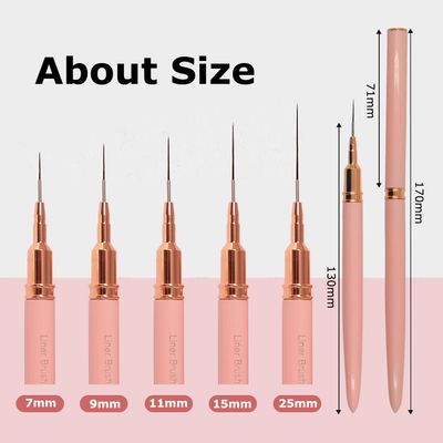 Keepzi Professional Detail Nail Art Paint Liner Brush Set, 5Pcs Small Polish Design Tech Nail Tip Fine Line Striping Brushes, 25/15/11/9/7Mm Skinny Long Bristle Nails Drawing Pincel Para Uas, Pink