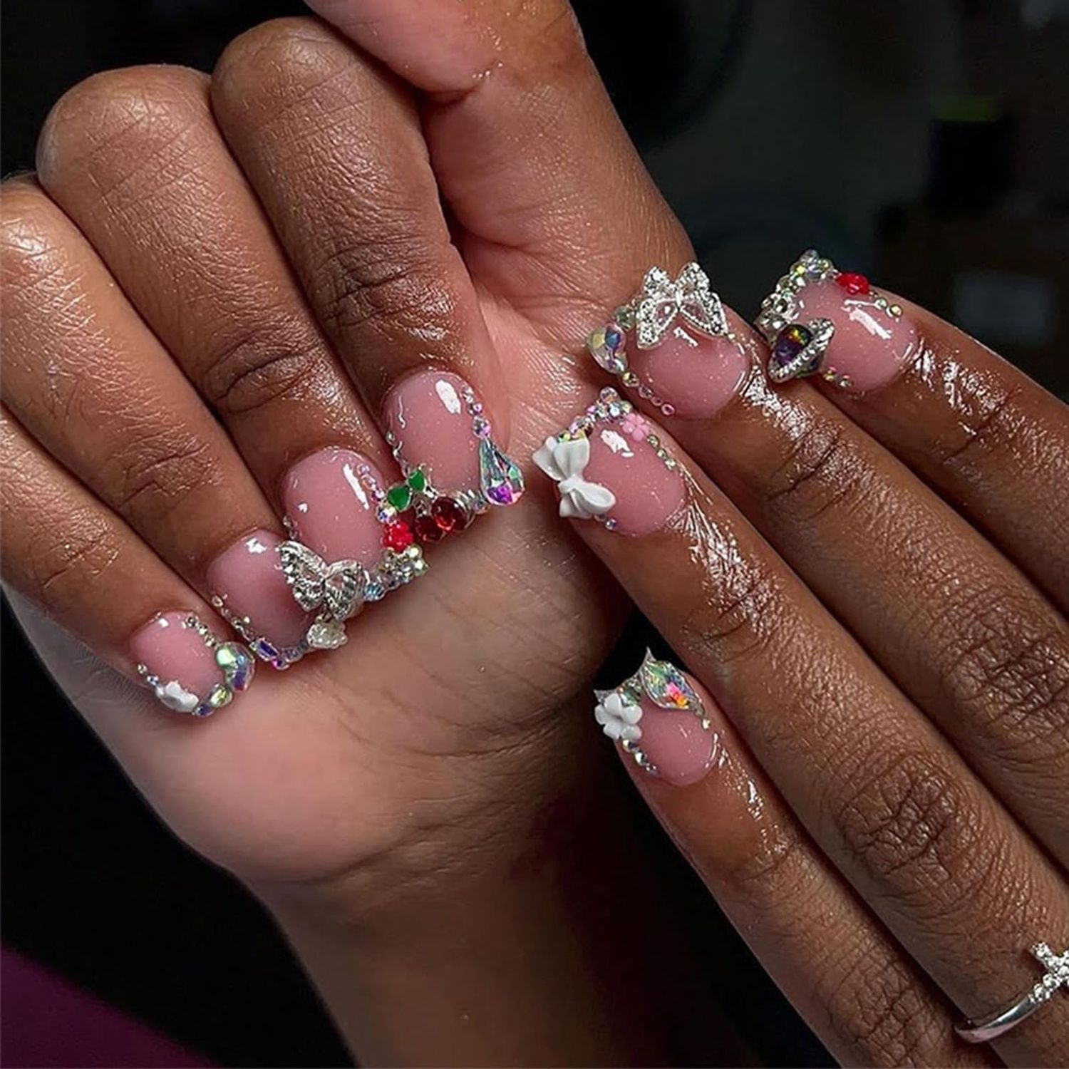 IMRAIN Extra Short Press on Nails Square Rhinestone French Tips Acrylic Fake Nails Glossy Glue on Nails Full Cover Butterfly &amp; Bow Charms Squoval False Nails for Women Manicure 24Pcs