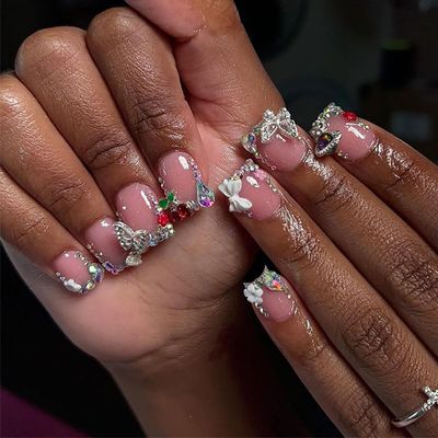 IMRAIN Extra Short Press on Nails Square Rhinestone French Tips Acrylic Fake Nails Glossy Glue on Nails Full Cover Butterfly &amp; Bow Charms Squoval False Nails for Women Manicure 24Pcs