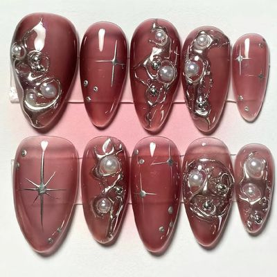 Jremg Dark Pink Press on Nails Short Almond Fake Nails with Pearl Design Glossy Y2K Full Cover Glue on Nails Gothic Silver Star Artificial Nails Irregular Liquid Pattern Stick on Nails for Women 30Pcs