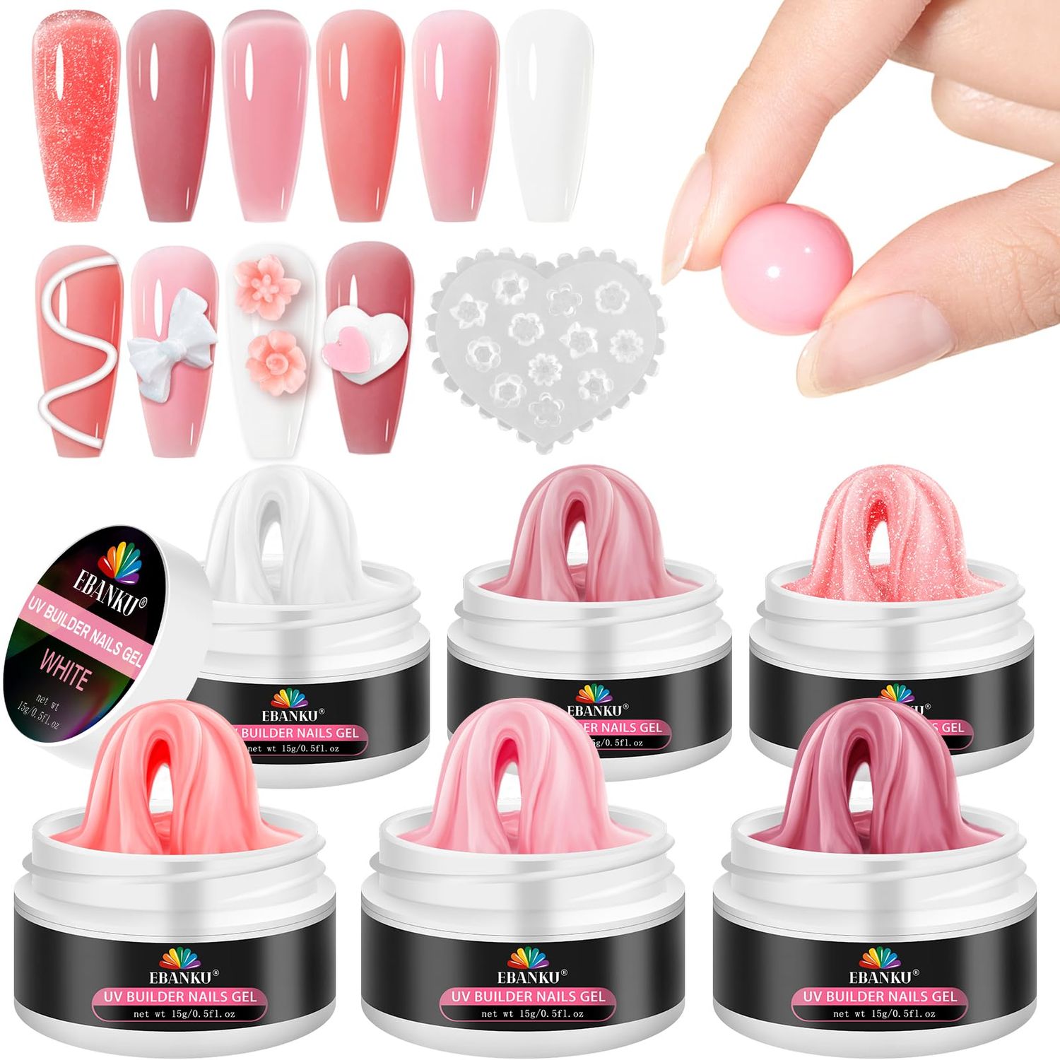 EBANKU Solid Builder Gel for Nails- 6 Colors Hard Gel for Nails Kit White Pink Solid Sculpture Gel Non-Sticky Modeling Gel Nail Extension with 3D Silicone Mold for Mother Days Carving