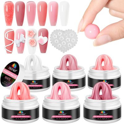 EBANKU Solid Builder Gel for Nails- 6 Colors Hard Gel for Nails Kit White Pink Solid Sculpture Gel Non-Sticky Modeling Gel Nail Extension with 3D Silicone Mold for Mother Days Carving