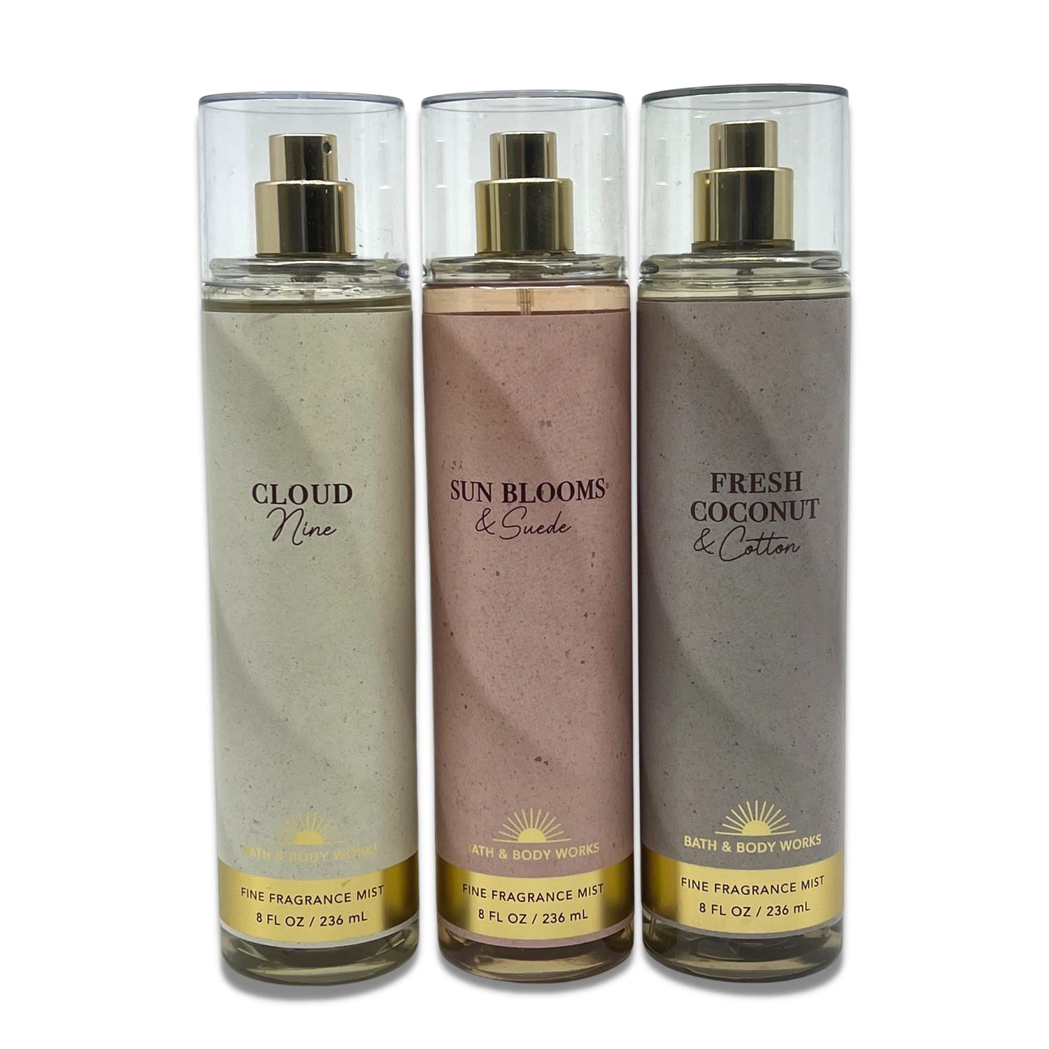 Bath &amp; Body Works Fragrance Mist PACK of 3 Different Mists - CLOUD 9, FRESH COCONUT &amp; COTTON, SUN BLOOMS &amp; SUEDE - Special Packaging Design - 8oz EACH - 2023 SPRING &amp; SUMMER NEW SCENTS