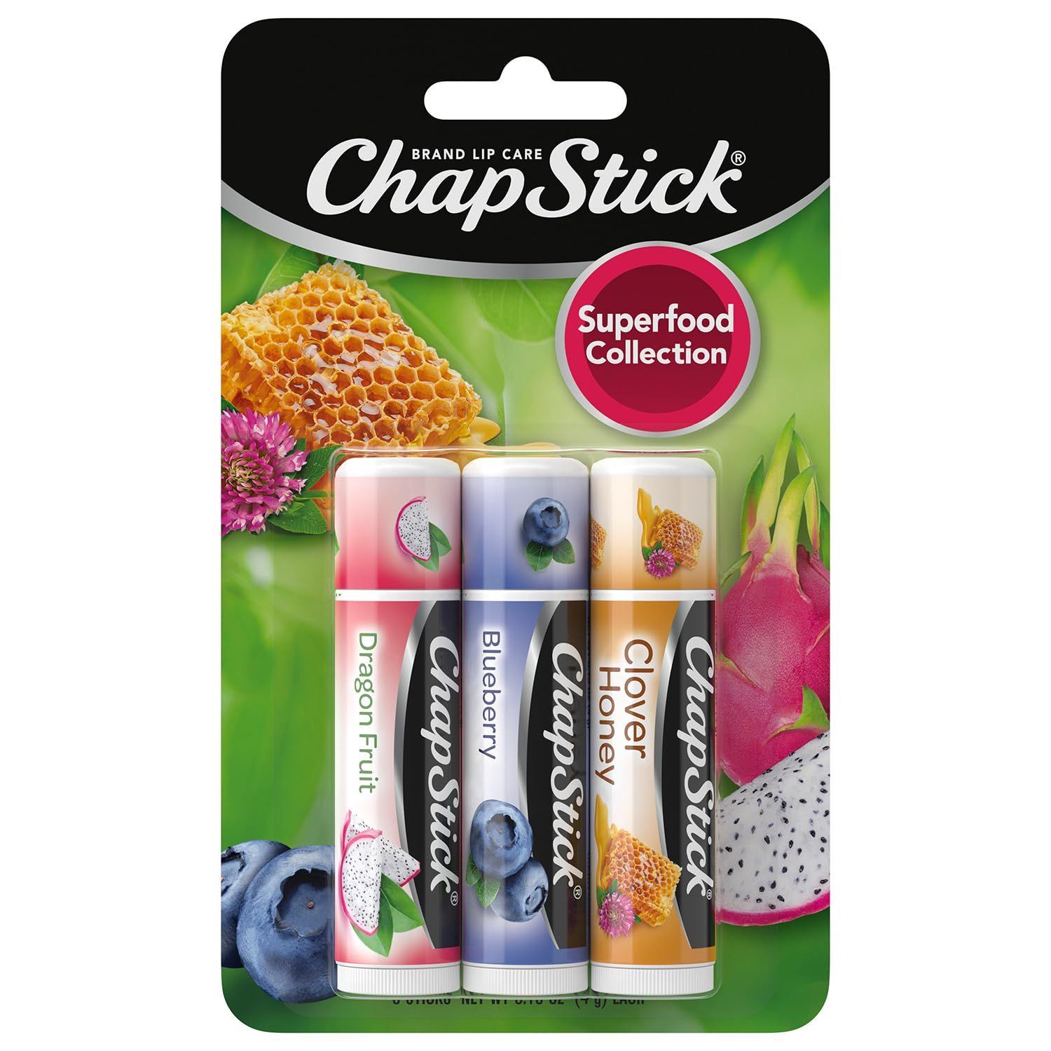 ChapStick Lip Balm, Superfood Collection 3-Pack - Dragon Fruit, Blueberry &amp; Clover Honey, Moisturizer for Dry Lips, 0.15 Oz