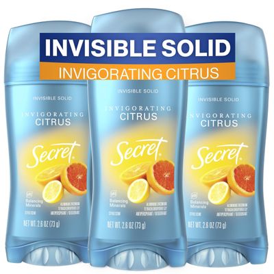 Secret Fresh Antiperspirant Deodorant for Women, 72hr Breathable Sweat &amp; Odor Protection, Instant Freshness &amp; Gentle, PH Balance Mineral, Invisible Solid, Invigorating Citrus Scent, 2.6 oz (Pack of 3)