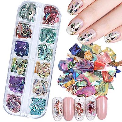 12 Colors 3D Irregular Nail Art Abalone Seashell Slices, TOROKOM Nail Art Shell Piece Irregular Nail Art Decorations Colorful Manicure UV Gel Flake Mermaid Nail Sequins(Transparent, 1 Box)