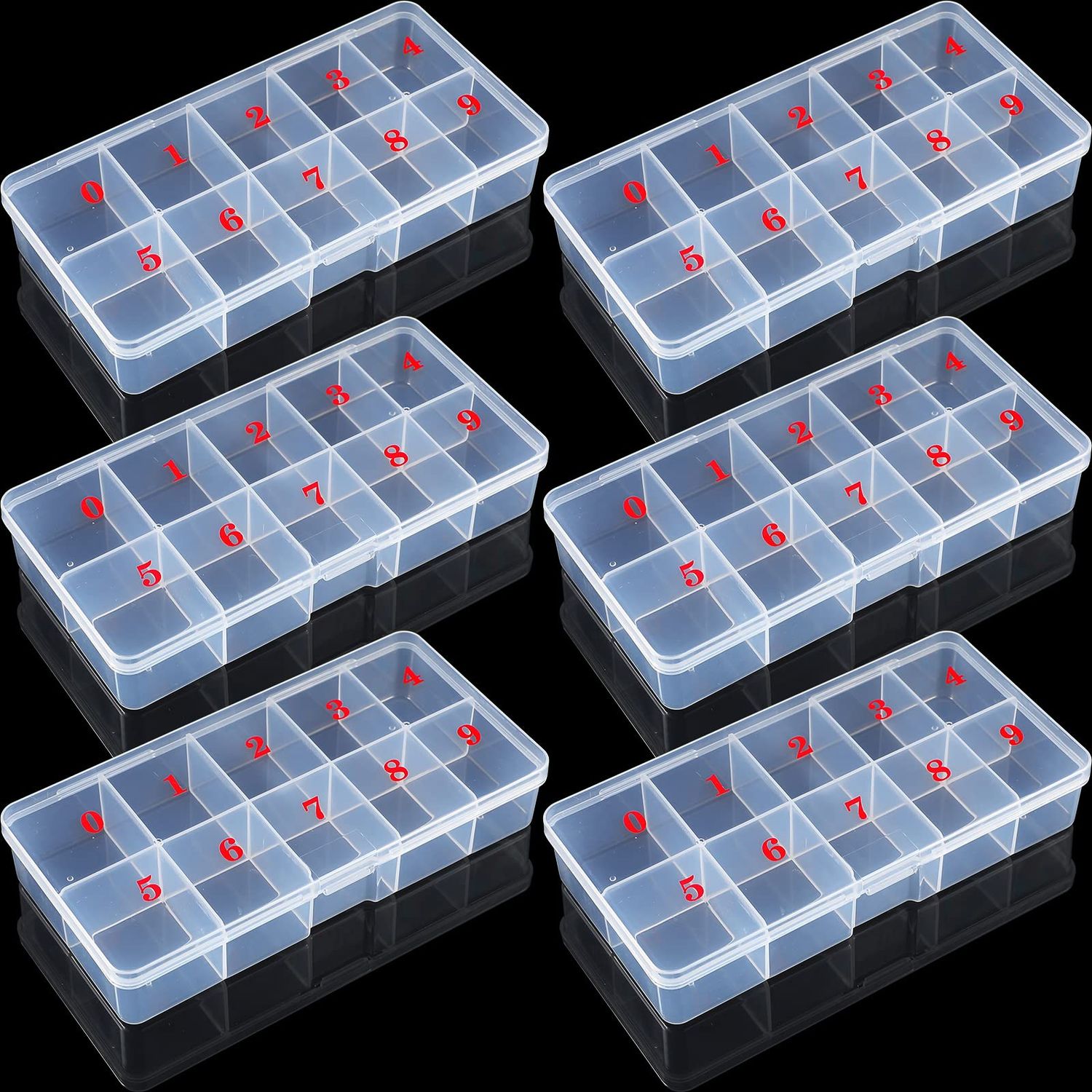 6 Pieces Nail Art Tip Storage Organizer Box with 10 Number Empty Spaces Transparent False Nail Tip Storage Case Container Clear Plastic Grid Box for Fingernail Crystal, Jewelry, Accessories
