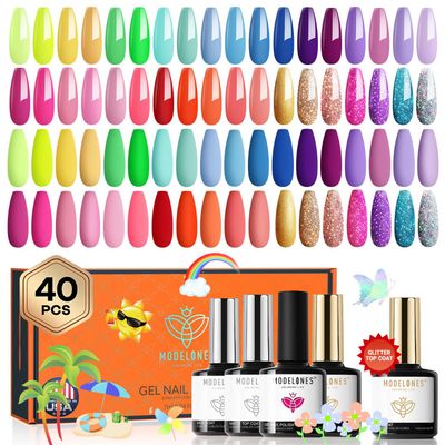 Modelones 40 Pcs Gel Nail Polish Set, 36 Colors Summer Rainbow Neon Gel Polish Bright Hot Pink Green Yellow Purple Blue Glitter Nail Gel Polish with Soak Off Base Coat&amp; Matte Glitter Glossy Top Coat