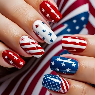 Independence Day Press on Nails Medium Square Fake Nails Patriotic Flag Patter False Nails Full Cover Glossy Stick on Nails Reusable Acrylic Nails for Women 4th of July Manicure Art