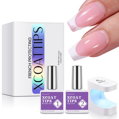 BTArtboxnails Nail Tips Builder Gel - Long Lasting 15ml Builder Gel with Portable Nail Lamp for French XCOATTIPS, 30Days French Protection Duo Nail Extension Tool for Nail Art