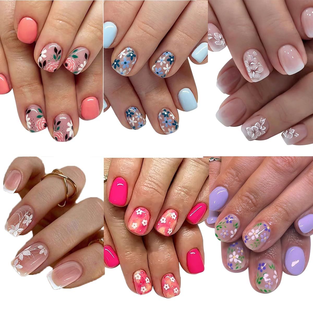 144 Pcs Flower Press on Nails Short Square Fake Nails Spring False Nails with Designs Colorful Floral Glossy Glue on Nails Full Cover Acrylic Stick on Nails for Women Manicure 6 Packs