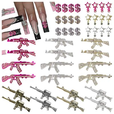 Gehaiwo 44PCS Gun Nail Charms Nail Art Rhinestone,Gold Silver Alloy Gun Dollar Sign Star Nail Decoration for Acrylic Nails, Nail Jewels Accessories for Nail Art Supplies DIY Nail Craft