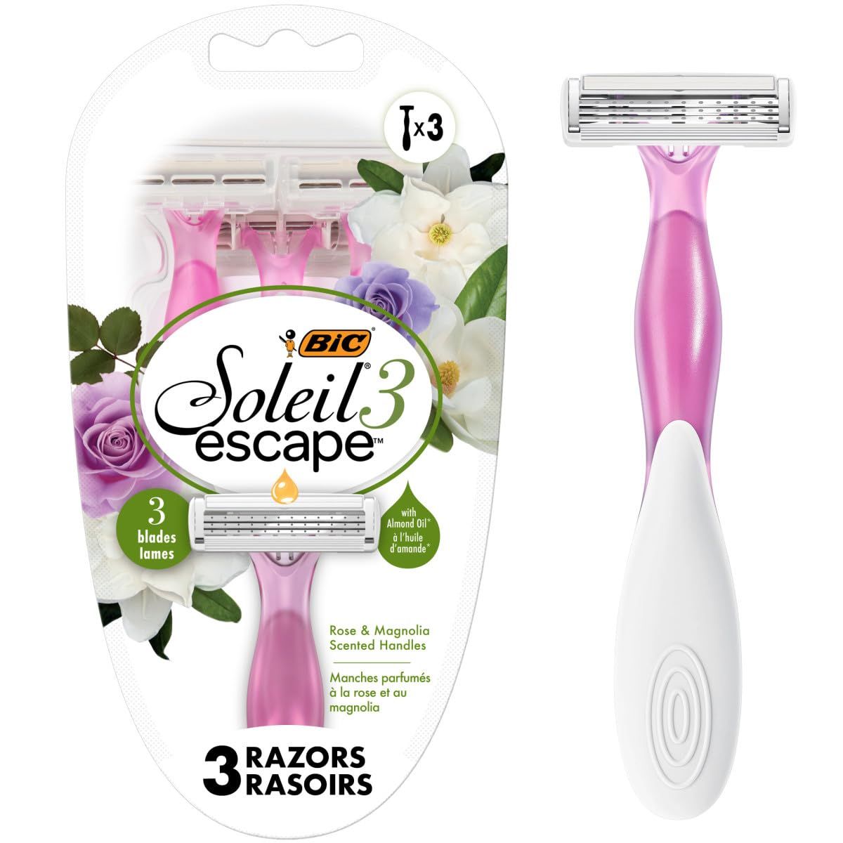 BIC Soleil Escape Womens Disposable Razors, 3 Blades for a Comfortable Shave, Pack of Rose and Magnolia Scented Handle Shaving Razors for Women, 3 Count