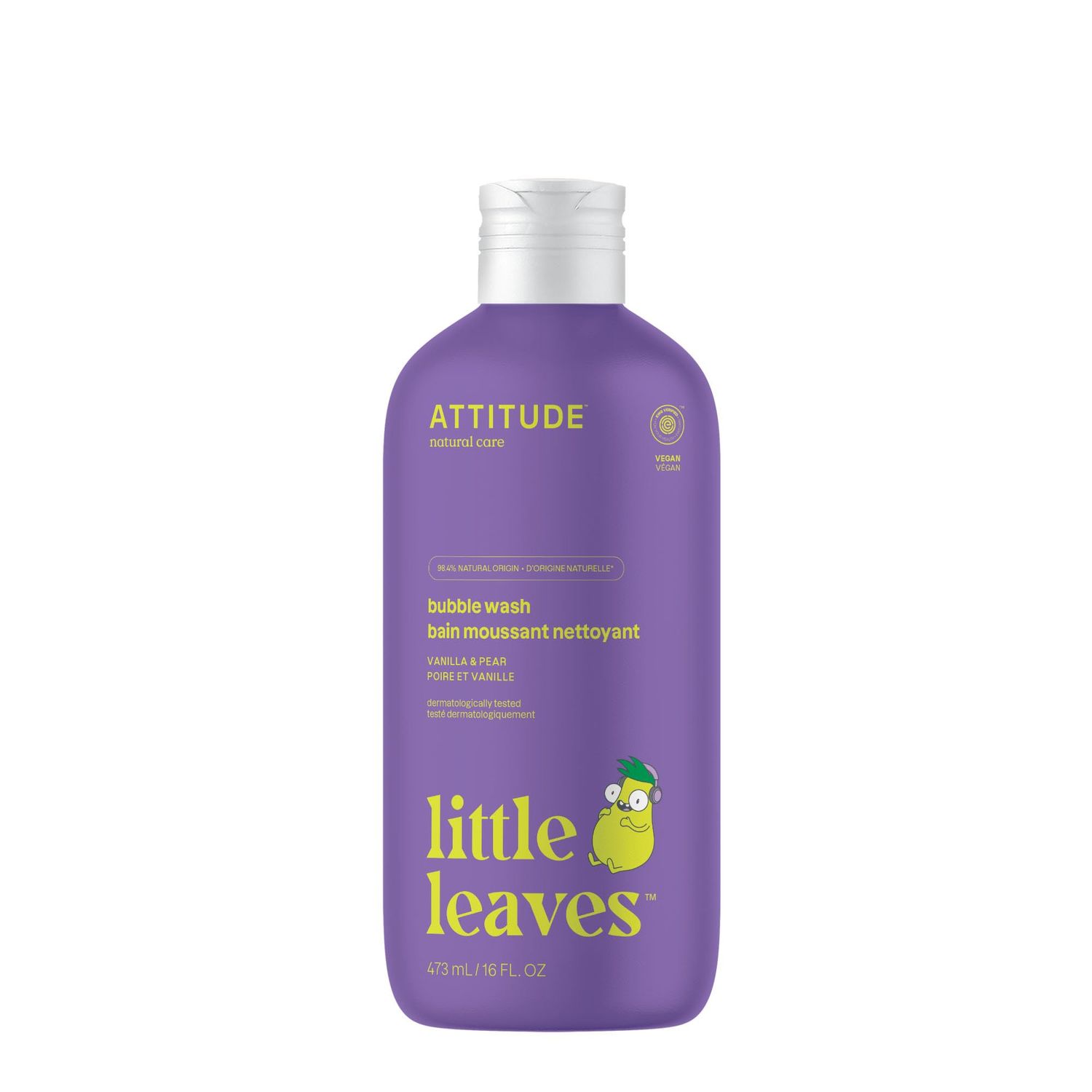 ATTITUDE Bubble Wash for Kids, EWG Verified Bubble Bath, Hair Shampoo and Body Soap, Dermatologically Tested, Plant- and Mineral-Based, Vegan, Vanilla &amp; Pear, 16 Fl Oz