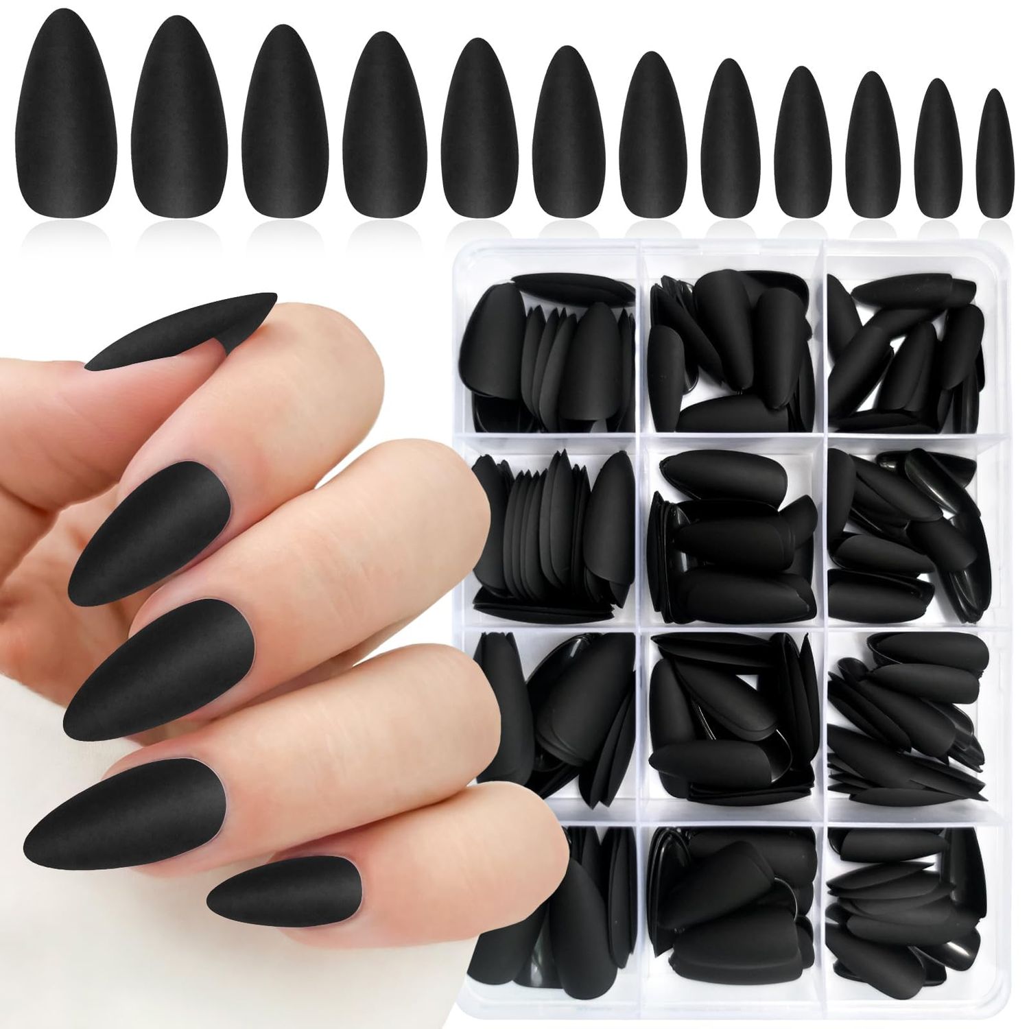 Lifextol 240PC Almond Press on Nails Medium Length Fake Nails Black Matte Almond Nails Press on Nail Short Stiletto False Nail Tips Colored Artificial Fingernail &amp; Nail Glue Adhesive Tabs for Women