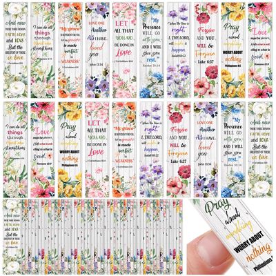 Lothee 50 Pc Christian Gifts Bulk for Women Bible Verse Nail File Double Sided Emery Board Scripture Flower Manicure Tool for Easter Mothers Day Graduation Church Religious Supply (Flower)