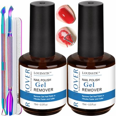 Gel Nail Polish Remover-2pcs with Nail Steel Pusher, Scraper and 2 Pieces Nail File, Quickly Remove Gel Polish in 2-5 Minutes at Home, No Need to Wrap and Soak