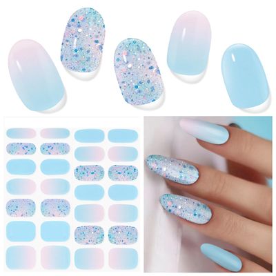 DUKASOU Semi Cured Gel Nail Strips (Summer Blue), 28 pcs UV Gel Nail Stickers for Women Work with Any UV Lamps, Salon Quality Nails Wraps for Home DIY Nails Art