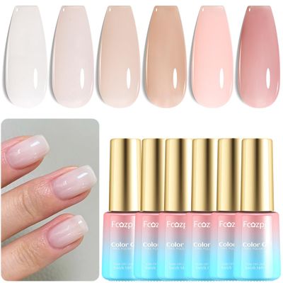 Fcozpjk Jelly Gel Nail Polish Set 6 Colors Translucent Nail Gel Kit with Top &amp; Base Coat Neutral Pink Nude Brown Milky White Nail Gel Polish Soak Off UV Light Cure Crystal Gel Manicure Salon Supplies