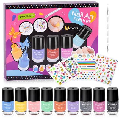 Kids Nail Polish for Girls with Gems Stickers, Non-Toxic Peel-Off Quick Dry Mini Nail Polish 9 Colors Set for Ages 3