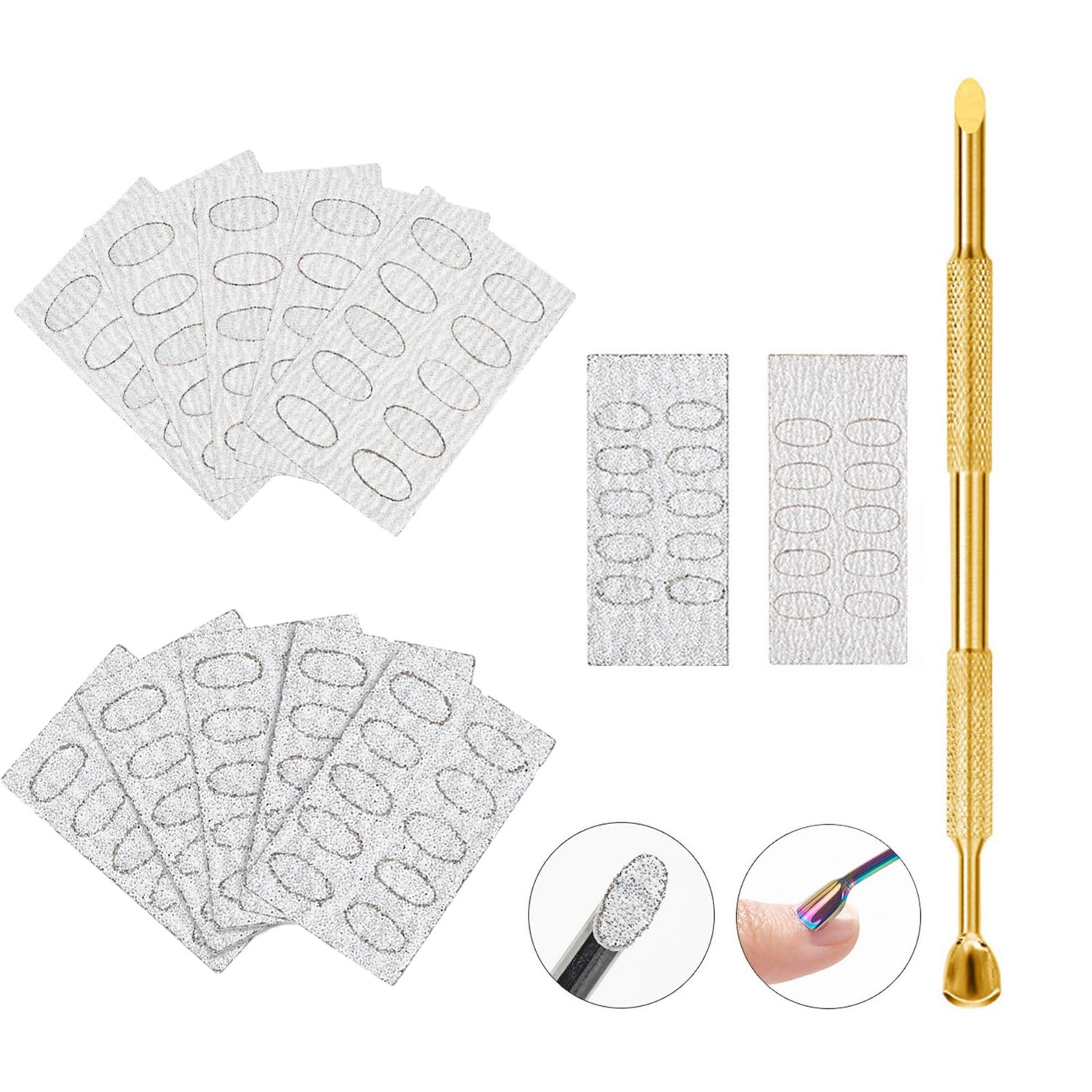 Dual Ended Nail Cuticle Pusher with 100pcs 180/240 Self-adhesive Grit Sandpaper Sheets Replaceable Refill Nails Pre Polishing Manicure Treatment Tool