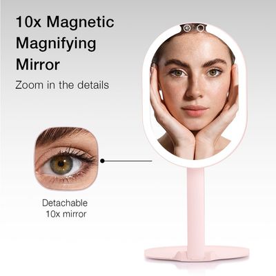 Fancii LED Rechargeable Portable Makeup Mirror with 3 Color Light Settings & 10x Magnetic Magnifying Mirror - Ultra Slim, Foldable Travel Vanity Mirror, 1500 mAh Battery, Height (Pink)
