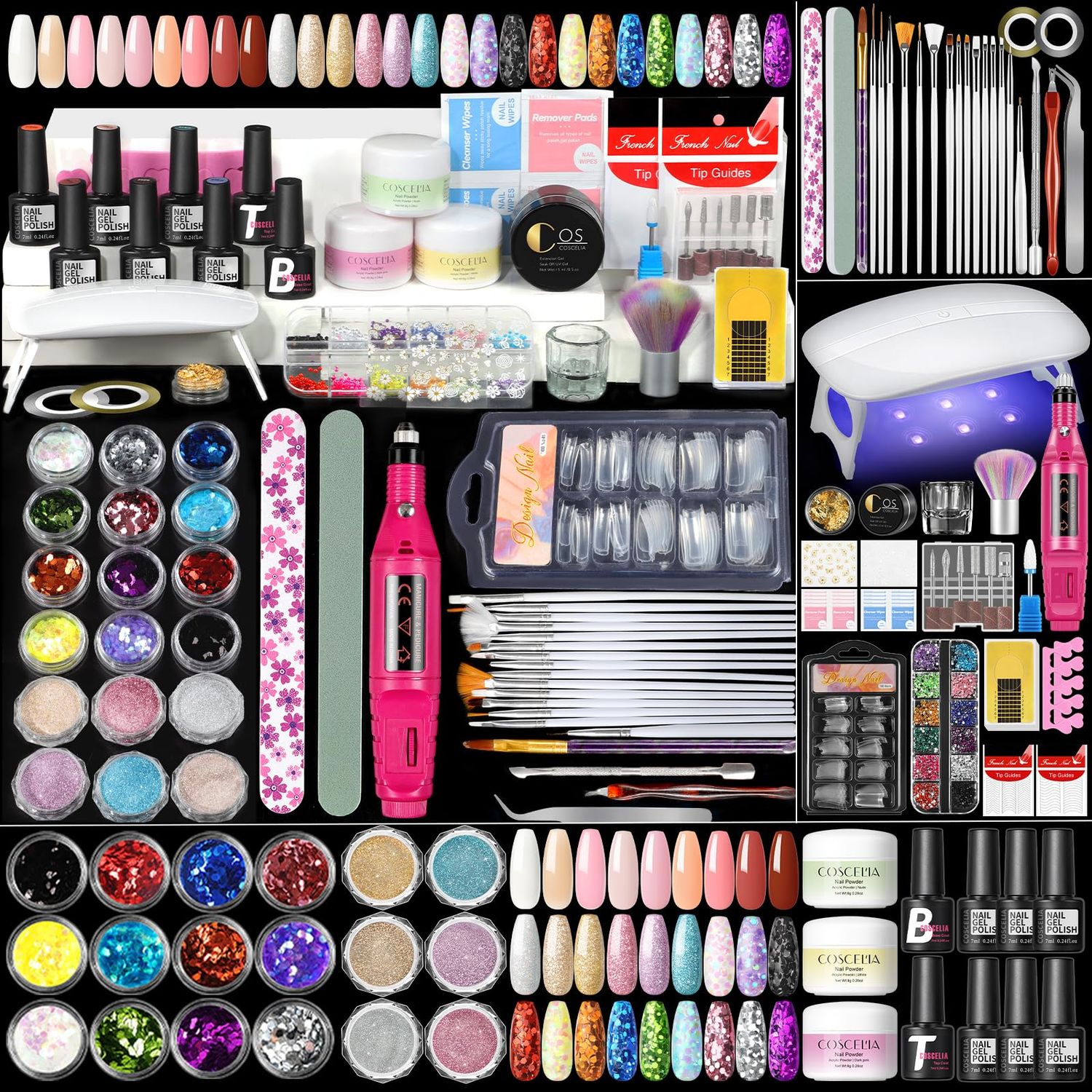 Acrylic Nail Kit for Beginners with Everything 3pc Acrylics Powder 6pcs Gel Nail Polish Glitter Powders Professional Nail Acrylic Kit Set with Light and Drill DIY at Home Gifts for Women