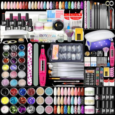 Acrylic Nail Kit for Beginners with Everything 3pc Acrylics Powder 6pcs Gel Nail Polish Glitter Powders Professional Nail Acrylic Kit Set with Light and Drill DIY at Home Gifts for Women
