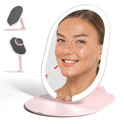 Fancii LED Rechargeable Portable Makeup Mirror with 3 Color Light Settings &amp; 10x Magnetic Magnifying Mirror - Ultra Slim, Foldable Travel Vanity Mirror, 1500 mAh Battery, Height (Pink)