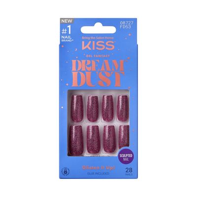 KISS False Nails Kit, Dreamdust Ready to Wear Gel Sculpted Nails, Stick and Glue Included, Long Length, Square Shape with Glitter Effect, Long-Lasting Hottest Trend Glue on Nails