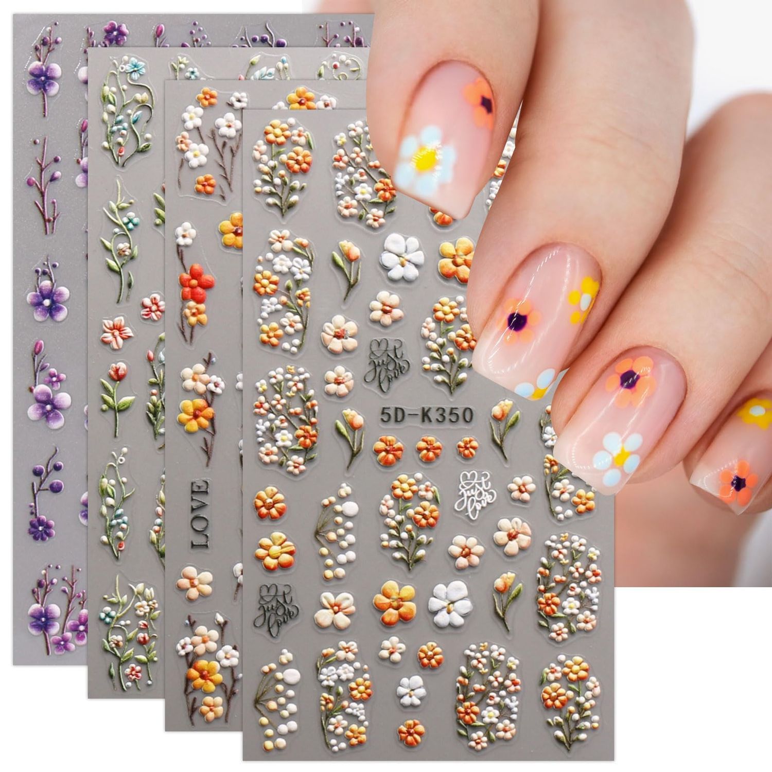 JMEOWIO 3D Embossed Flower Nail Art Stickers Decals Self-Adhesive 5D Spring Summer Floral Nail Supplies Nail Art Design Decoration Accessories 4 Sheets