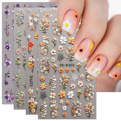 JMEOWIO 3D Embossed Flower Nail Art Stickers Decals Self-Adhesive 5D Spring Summer Floral Nail Supplies Nail Art Design Decoration Accessories 4 Sheets