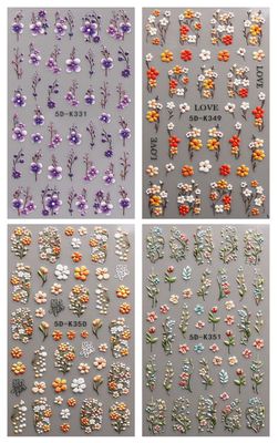 JMEOWIO 3D Embossed Flower Nail Art Stickers Decals Self-Adhesive 5D Spring Summer Floral Nail Supplies Nail Art Design Decoration Accessories 4 Sheets