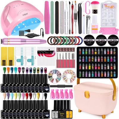 Complete Nail Studio Set with 48W UV LED Lamp, 24 Rainbow Colors, Cat Eye Gel Polish Kit, Nail Drill &amp; More, Storage Box for Home Manicures
