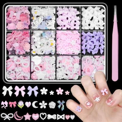 3D Pink Colors White Assorted Bows Flowers Pearls Nail Charms Heart Butterfly Blossom Bowknots Star Bows Pearls Acrylic Nail Art Charms for Manicure DIY Crafts Accessories