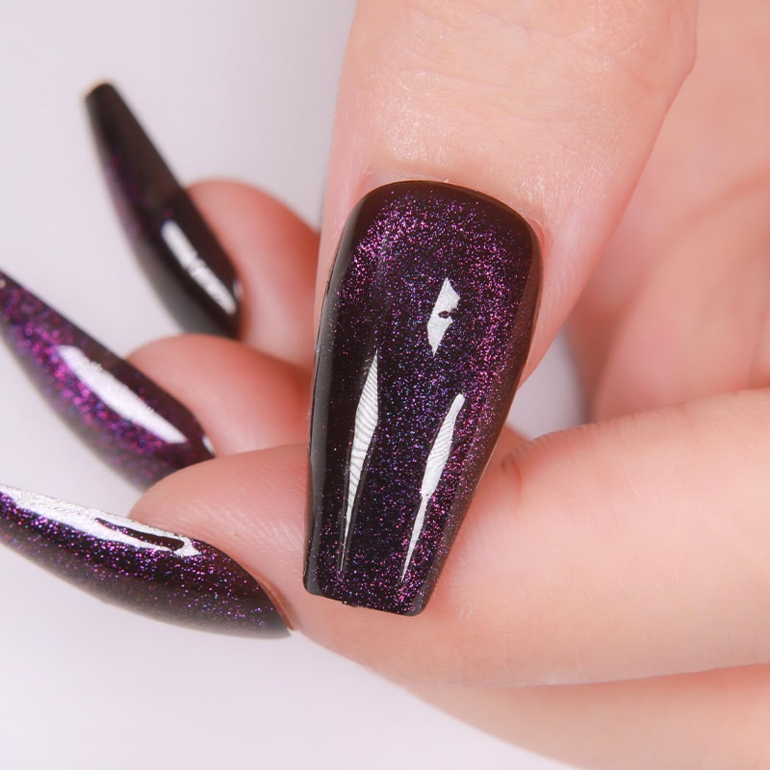 Gentle Claws Press On Nails - Midnight Purple | Dark Purple Glitter Velvet Nails, Medium Coffin Squared Press On Nails with Cat Eye Design for Women and Girls, 24 Pcs Reusable Fake Nails