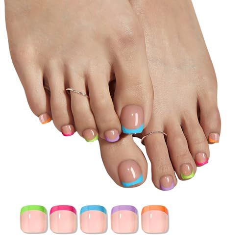 CUZIAM Neon Rainbow French Toe Nail Tips, 150Pcs Short Brighter Pastel French Tip Press on Beach Toenails for Women, 5 Color Glossy Soft Gel Toe Nail Press Ons Fake False Nails Extensions for DIY Art