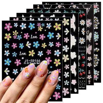 JMEOWIO 3D Embossed Colorful Flower Nail Art Stickers Decals Self-Adhesive 5D Nails Supplies Nail Art Design Decoration Accessories 6 Sheets