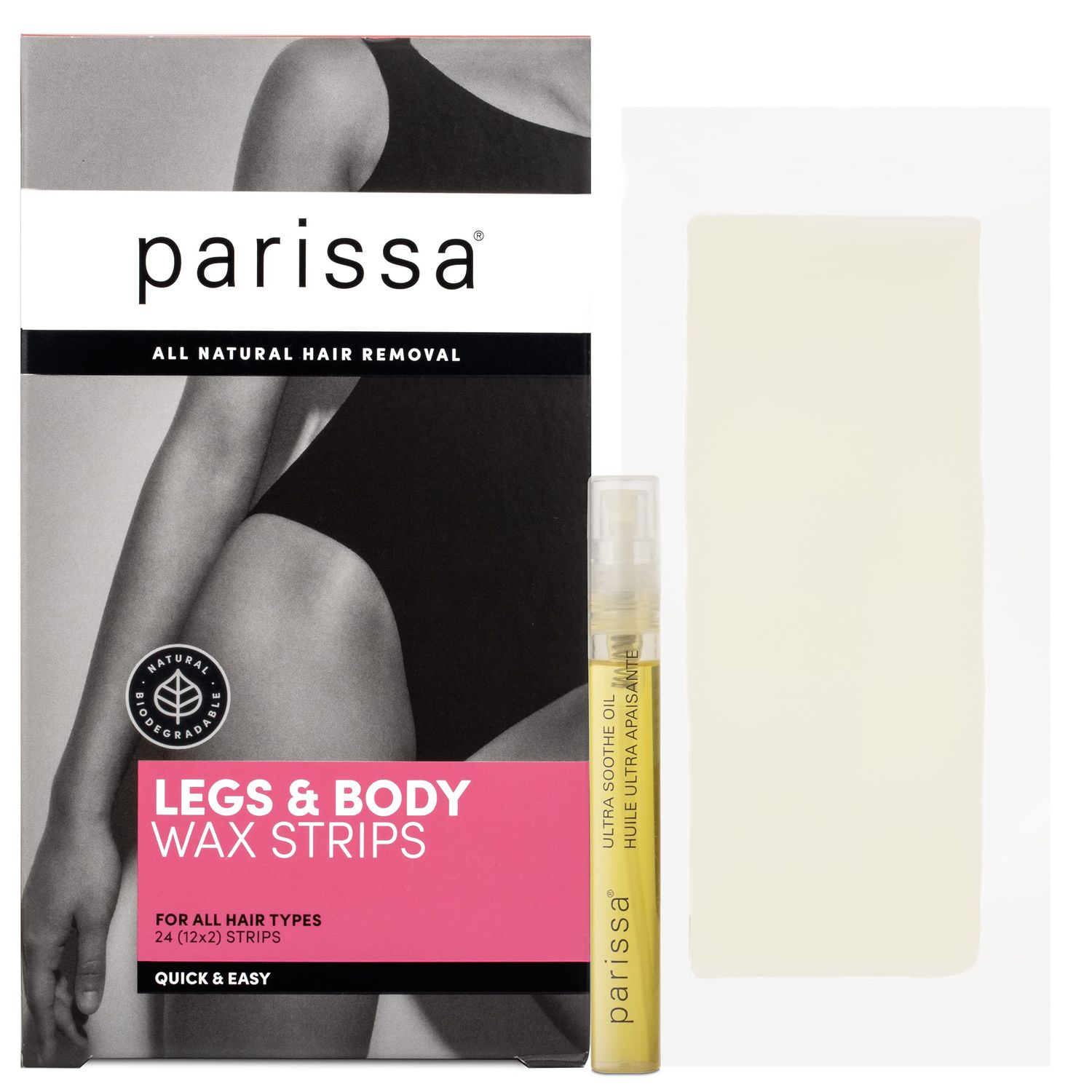 Parissa Legs &amp; Body 24 Biodegradable Wax Strips Kit for At-Home Hair Removal with Ready-to-Use Large Wax Strips for All Hair Types, Pink (PW-ST40)