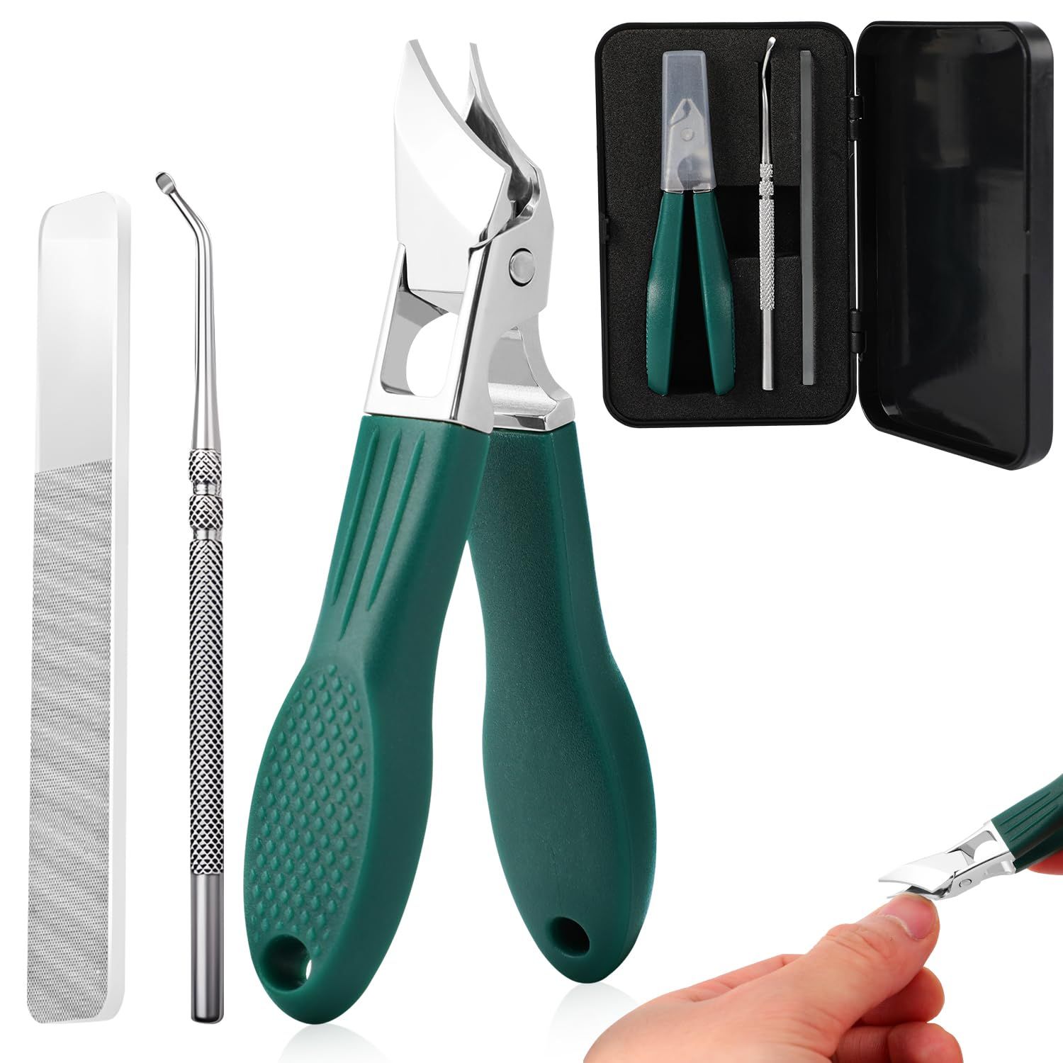 Eagle Beak Beveled Nail Clippers, 3-Piece Set of Wide Jaw Opening Anti-Splash Slanted Nail Clipper, Long Handle Oblique Ingrown Toenails Clipper for Thick Nails, Seniors&amp;Ingrown Care (Green)