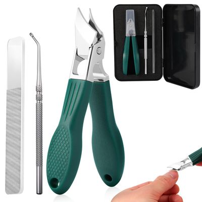 Eagle Beak Beveled Nail Clippers, 3-Piece Set of Wide Jaw Opening Anti-Splash Slanted Nail Clipper, Long Handle Oblique Ingrown Toenails Clipper for Thick Nails, Seniors&amp;Ingrown Care (Green)