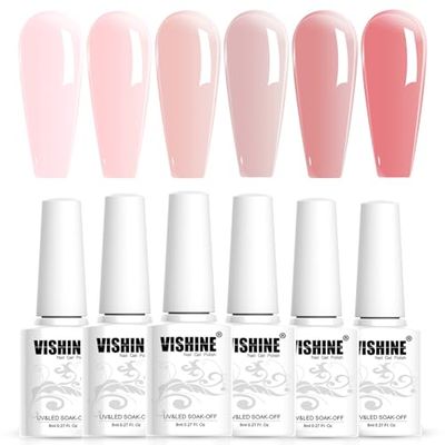 Vishine Nude Gel Polish Kit, Sheer Milky Pink Jelly Transparent Nail Polish UV LED Gel Nail Polish Varnish Nail Art DIY Saon 6Pcs 8ML