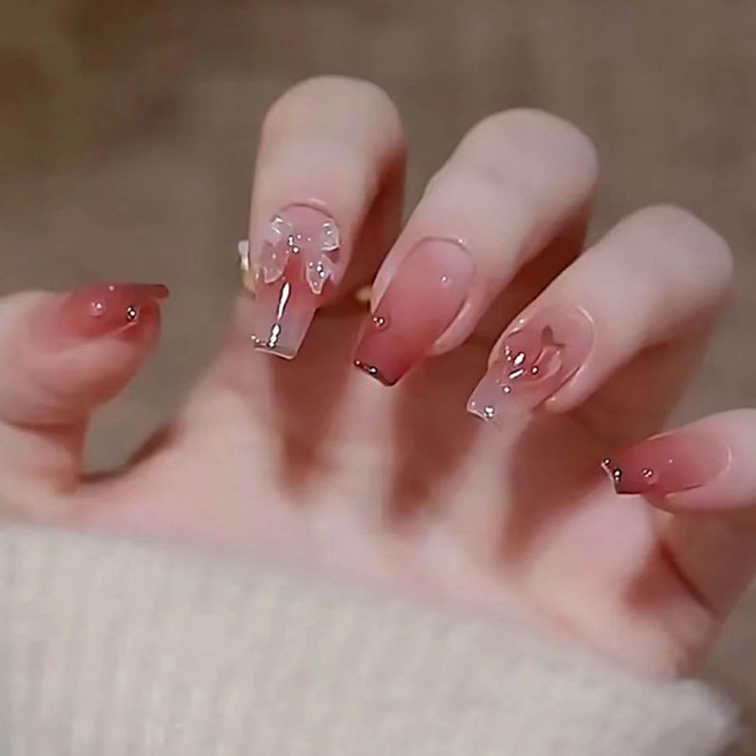 Hkanlre Pink Butterfly Press on Nails Cute Coffin Medium Fake Nails Tips Full Cover Gradient False Nails for Women and Girls 24PCS